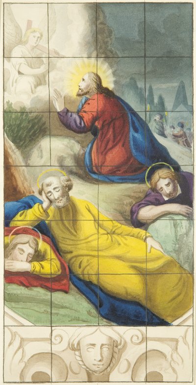 Witraż na wschodnim krańcu północnej nawy katedry w Bristolu przedstawiający Chrystusa w ogrodzie w agonii (akwarela na papierze) autorstwa Joseph Manning
