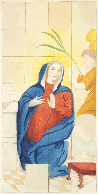 Witraż na wschodnim krańcu południowej nawy katedry w Bristolu przedstawiający Zwiastowanie (akwarela na papierze) autorstwa Joseph Manning