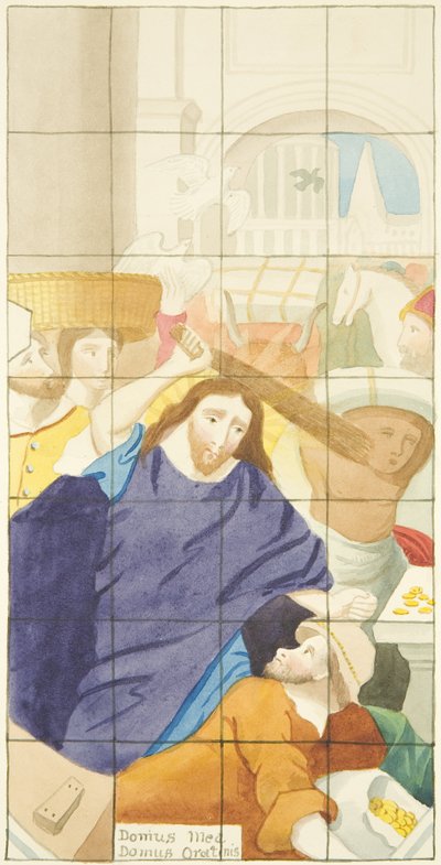 Witraż na wschodnim krańcu południowej nawy katedry w Bristolu przedstawiający kupujących i sprzedających w świątyni (akwarela na papierze) autorstwa Joseph Manning