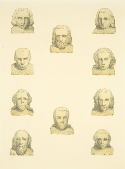 Dziesięć głów we fryzie wokół północnego ganku St Mary Redcliffe (akwarela na papierze) autorstwa Joseph Manning