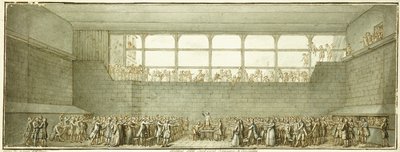 Przysięga kortu tenisowego, ok. 1789 (czarna kreda, długopis i brązowy tusz z szarym lakierem) autorstwa Joseph Marie Flouest