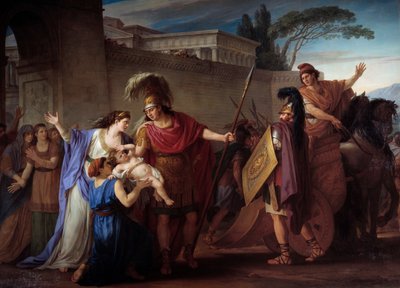 Pożegnanie Hektora i Andromaque. Wyjeżdżając do wojny trojańskiej Hector opuszcza żonę i syna Astianaxa. Obraz Joseph Marie Vien (1716-1809) 1786 Nd. 3,29 x 4,25 m² autorstwa Joseph Marie, the Elder Vien