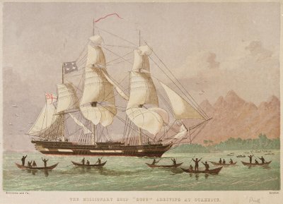 Statek misyjny "Duff" przybywający do Otaheite w 1797 r. autorstwa Joseph Martin Kronheim