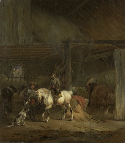 Stajnia dla koni, ok. 1830-1840 (olej na płycie) autorstwa Joseph Moerenhout