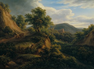 Zalesiony górski krajobraz z ruinami autorstwa Joseph Mössmer