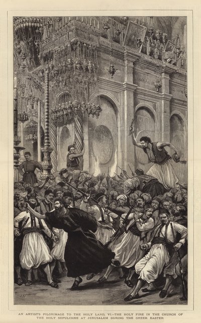 Pielgrzymka artysty do Ziemi Świętej, VI, Święty Ogień w Bazylice Grobu Świętego w Jerozolimie podczas greckiej Wielkanocy autorstwa Joseph Nash