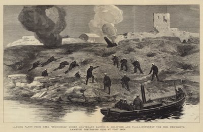 Bombardowanie Aleksandrii, desant z HMS Invincible pod dowództwem porucznika Bartona R. Bradforda i porucznika honorowego Hedwortha Lambtona niszczącego działa w Fort Mex autorstwa Joseph Nash