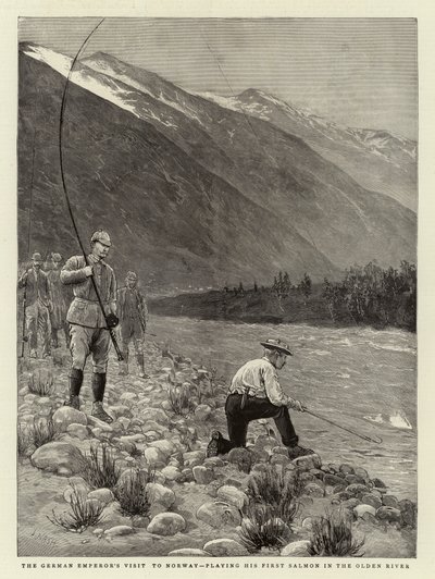 Wizyta niemieckiego cesarza w Norwegii, grającego pierwszego łososia w Starej Rzece autorstwa Joseph Nash