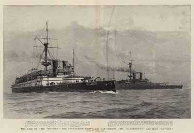 Utrata HMS Victoria, pancerników pierwszej klasy z dwiema śrubami HMS Camperdown i HMS Victoria autorstwa Joseph Nash
