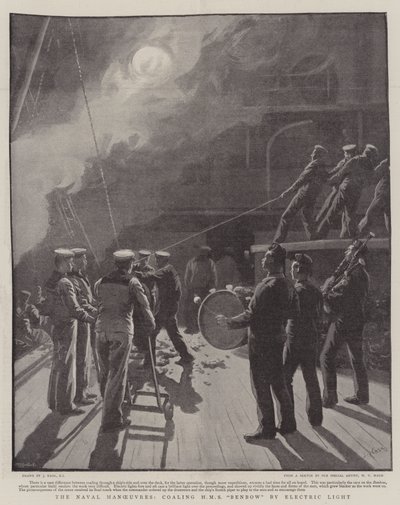 Manewry morskie, wypalanie HMS Benbow przez Electric Light autorstwa Joseph Nash
