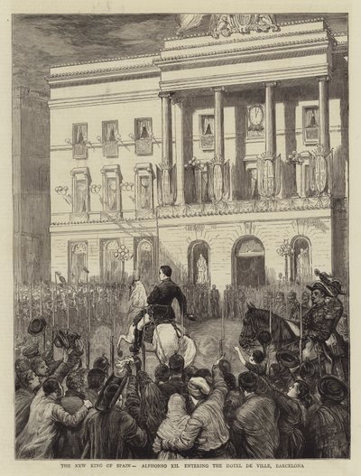Nowy król Hiszpanii, Alfons XII wchodzący do Hotel de Ville, Barcelona autorstwa Joseph Nash