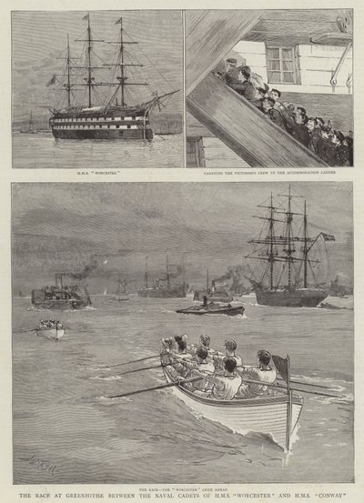 Wyścig w Greenhithe pomiędzy kadetów marynarki wojennej HMS Worcester i HMS Conway autorstwa Joseph Nash