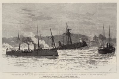 Zatopienie rebelianckiego statku Blanco Encalada przez rządowe torpedowce Almirante Lynch i Almirante Condell w porcie Caldera autorstwa Joseph Nash