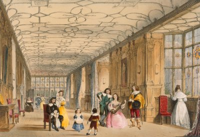 Widok Long Hall w Haddon, Derbyshire, ok. 1600 r., z "Architecture of the Middle Ages", opublikowanej w 1838 r. autorstwa Joseph Nash