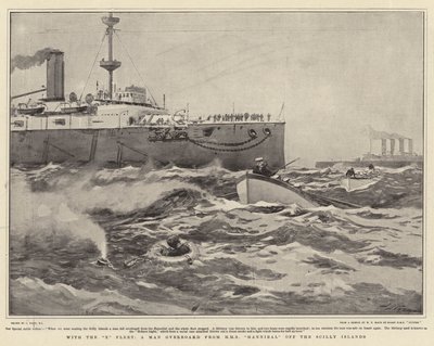 Z X Flotą, Człowiek za burtą z HMS Hannibal u wybrzeży wysp Scilly autorstwa Joseph Nash