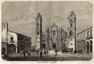 Cathedrale of Havana, Cuba, rysunek autorstwa Navleta ilustrujący wyprawę na wyspę Kubę w 1859 roku, autorstwa Richarda Dany (1815-1882). Grawerowanie w „”Le tour du monde, nouveau journal des voyages””Paryż autorstwa Joseph Navlet