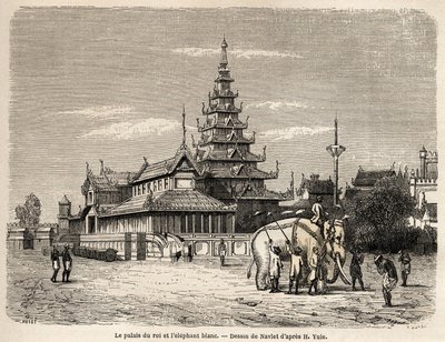 Pałac króla Avy w Amarapoura (dzisiejsza Birma), rysunek Navleta ilustrujący podróż do królestwa Avy w 1855 roku kapitana Henri Yule z ciała bengalskiego dżina. Grawerowanie w „” Le tour du monde, nouveau journal des voya autorstwa Joseph Navlet