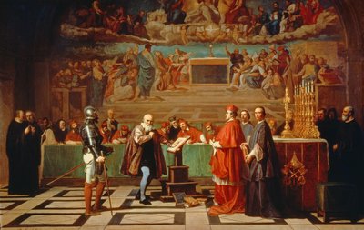 Galileo Galilei (1564-1642) przed członkami Świętego Oficjum w Watykanie w 1633, 1847 autorstwa Joseph Nicolas Robert Fleury