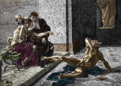 Przedstawienie rzymskiego truciciela Szarańczy próbującego u boku cesarza Nerona (37-68) truciznę przeznaczoną dla jego brata Britannicusa (41-55) na jednym z jego niewolników, 55 Rycina według obrazu Josepha-Noela Sylwestra (1847-1926) ) 1876 (rzymski tru autorstwa Joseph Noel (after) Sylvestre