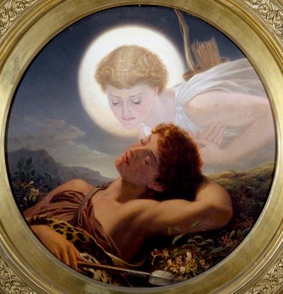 "Sen Latmosa" przywołuje mit o Endymionie, wiecznie śpiącym myśliwym o wielkiej urodzie, którego Zeus uśpił dla Selene, która zakochując się w nim, chciała zachować jego młodość. Obraz autorstwa Josepha Noela Patona (1821-1901) (prerafaelity) autorstwa Joseph Noel Paton