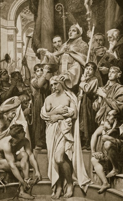 Chrzest Clovis, Reims, 496 rne, ilustracja z „Historii Narodów Hutchinsona”, 1915 autorstwa Joseph Paul Blanc