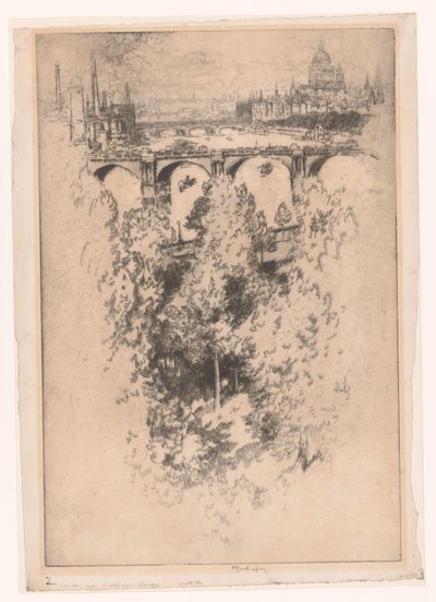 Londyn przez most Waterloo (tytuł na obiekcie) autorstwa Joseph Pennell (signed by artist)