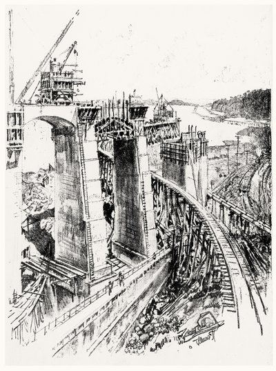 Podejścia do śluzy Gatun, płyta VI z Kanału Panamskiego autorstwa Josepha Pennella, 1912 (węgiel na papierze) autorstwa Joseph Pennell