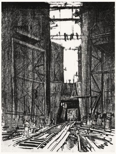 Na dnie śluzy Gatun, płyta IV z Kanału Panamskiego autorstwa Josepha Pennella, 1912 (węgiel na papierze) autorstwa Joseph Pennell