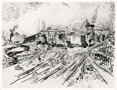 Budynek śluzy Miraflores, tablica XXI z Kanału Panamskiego autorstwa Josepha Pennella, 1912 (węgiel na papierze) autorstwa Joseph Pennell