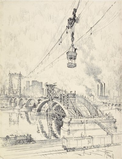 Budowa mostu, Minneapolis, 1915 autorstwa Joseph Pennell