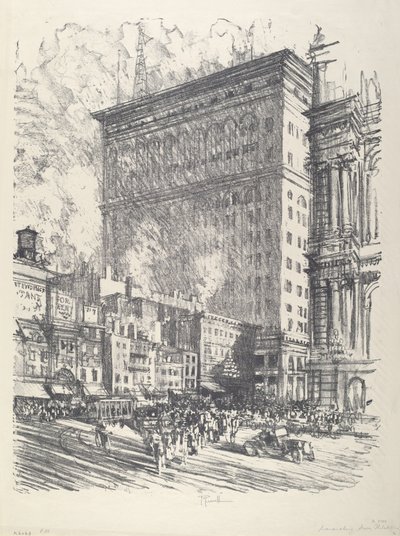 Plac Ratuszowy i budynek Wanamakera, 1912 r. autorstwa Joseph Pennell