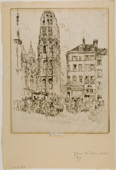Targ kwiatowy i wieża masła, Rouen autorstwa Joseph Pennell