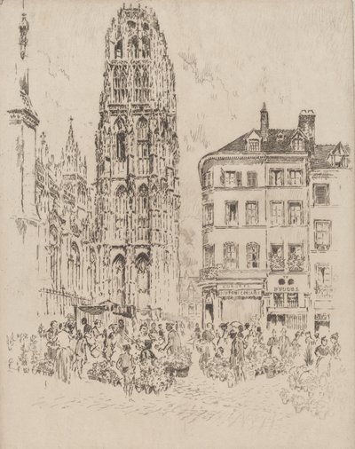 Targ kwiatowy i wieża masła, Rouen, 1907. autorstwa Joseph Pennell