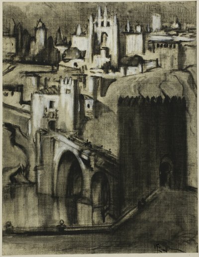 To pasy pałaców ułożonych tarasowo wokół zbocza, Toledo autorstwa Joseph Pennell