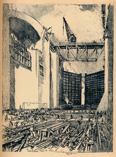 Układanie podłogi w zamku Pedro Miguel, 1912 autorstwa Joseph Pennell