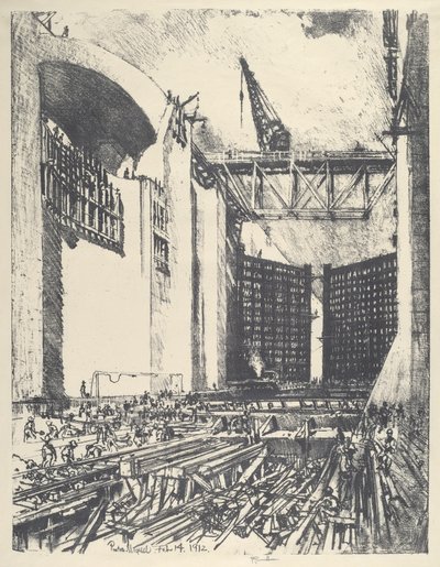 Układanie dna w zamku Pedro Miguel, 1912. autorstwa Joseph Pennell