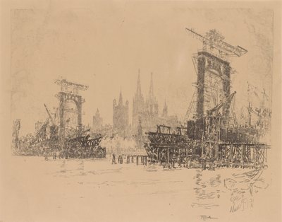 Budowa mostu londyńskiego autorstwa Joseph Pennell