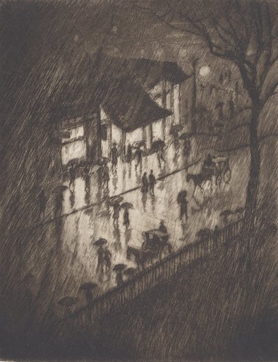 Deszczowa noc, sklepy Charing Cross, 1903. autorstwa Joseph Pennell