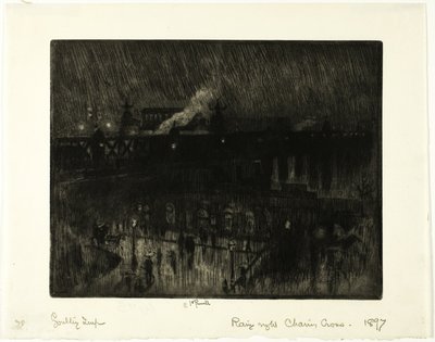 Deszczowa noc, stacja Charing Cross autorstwa Joseph Pennell
