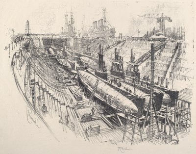Okręty podwodne w Suchym Doku, 1917. autorstwa Joseph Pennell