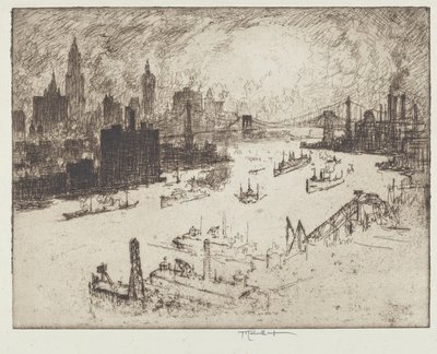 Zachód słońca z mostu Williamsburg autorstwa Joseph Pennell