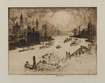 Zachód słońca z mostu Williamsburg, 1915 autorstwa Joseph Pennell