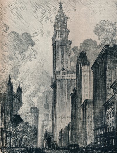 Broadway i Woolworth Building, Nowy Jork, 1912 autorstwa Joseph Pennell