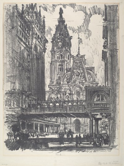 Ratusz i most przez Market Street autorstwa Joseph Pennell
