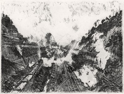 Cięcie Patrząc w stronę Ancon Hill, płyta XVII z Kanału Panamskiego Josepha Pennella, 1912 (węgiel na papierze) autorstwa Joseph Pennell