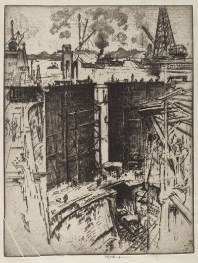 Brama Strażnicza, śluza Gatun, Panama, 1912 (akwaforta na papierze) autorstwa Joseph Pennell
