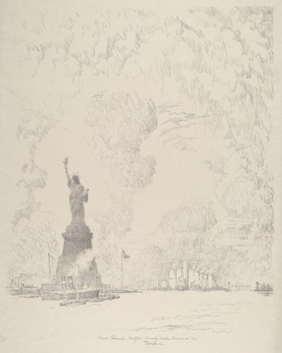 Statua, Zatoka Nowojorska, 1910. autorstwa Joseph Pennell