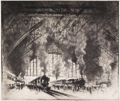 Pociągi, które przyjeżdżają i pociągi, które jeżdżą, Pennsylvania Railroad, Filadelfia, 1919 autorstwa Joseph Pennell