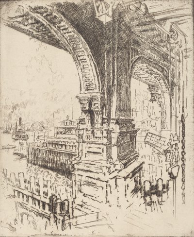 W obrębie promu, Cortlandt Street, Nowy Jork, 1919. autorstwa Joseph Pennell