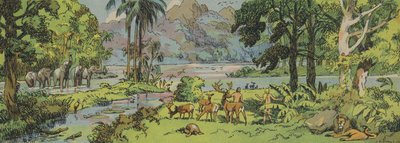 Adam i Ewa, rajski ogród (kolorowa litografia) autorstwa Joseph Porphyre Pinchon